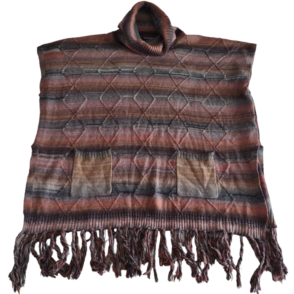 Dor Dor Couture Size Large Boxy Turtleneck Tassel Knit Poncho Sweater